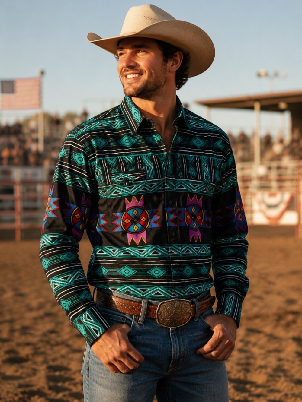 Vintage Wrangler Cowboy Cut Aztec Western Button Up USA Made 15.5/34 Rodeo